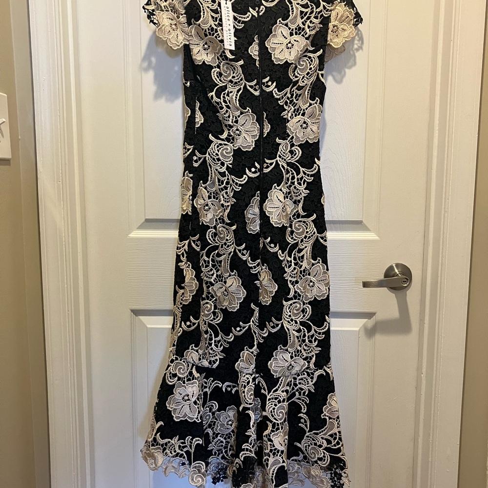 Alice + Olivia Black and Cream Floral Lace Midi Dress